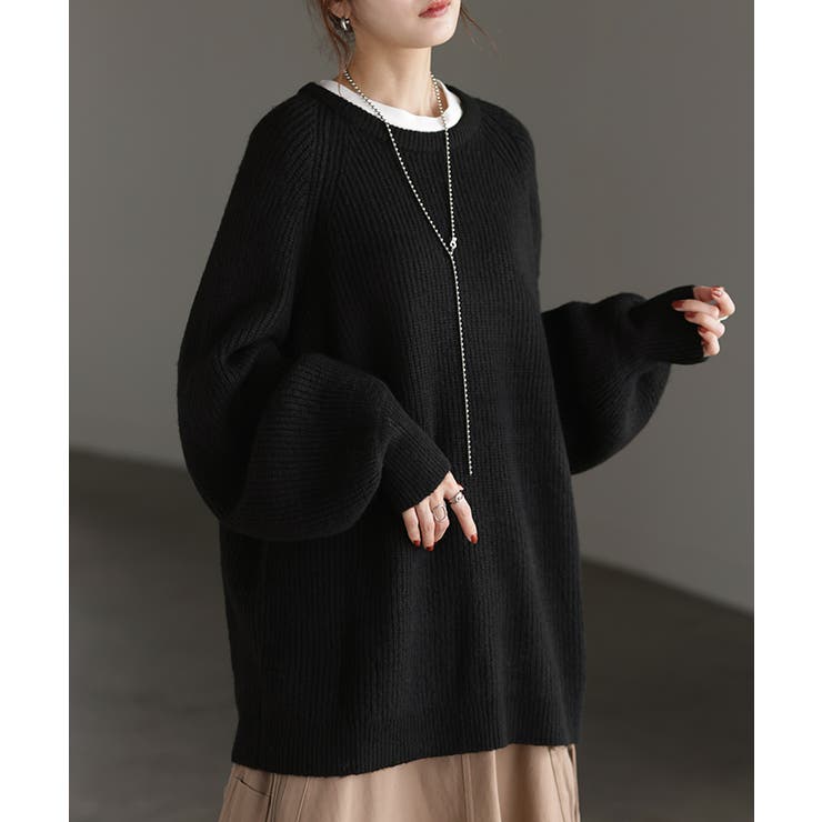 ブラック | ニット ボリュームスリーブ ロング | HUG.U