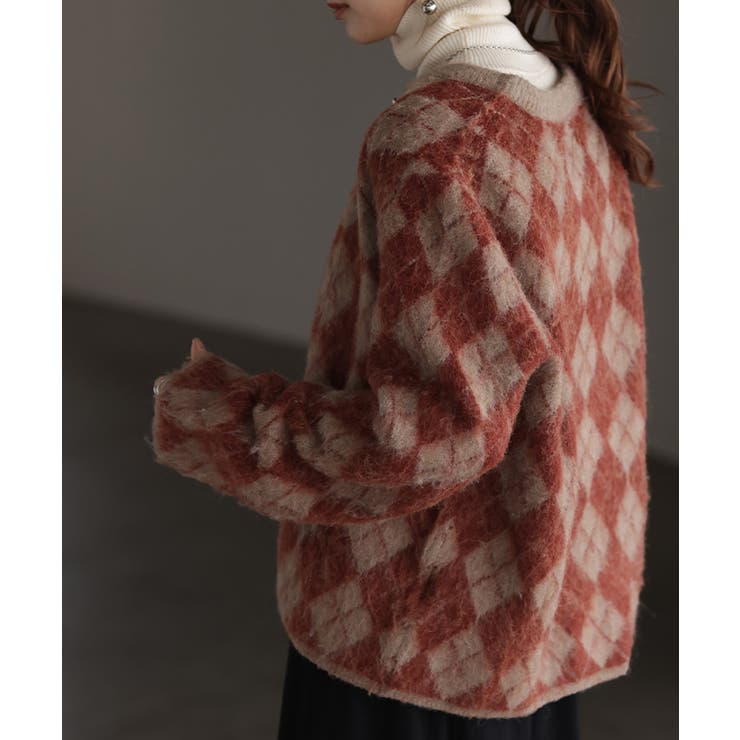 レッド×グレージュ | カーディガン チェック シャギー | HUG.U