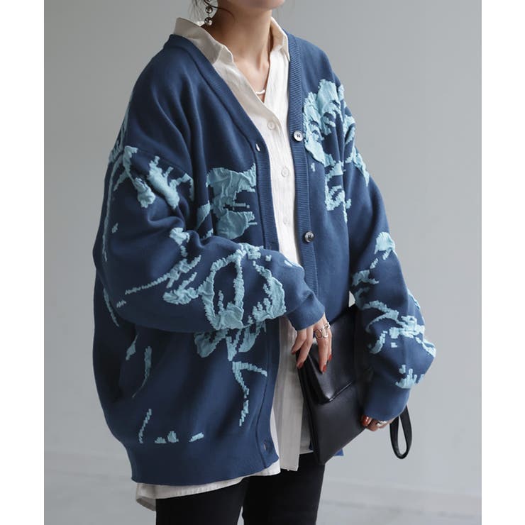 ブルー×ライトブルー | カーディガン 花柄 ニット | HUG.U