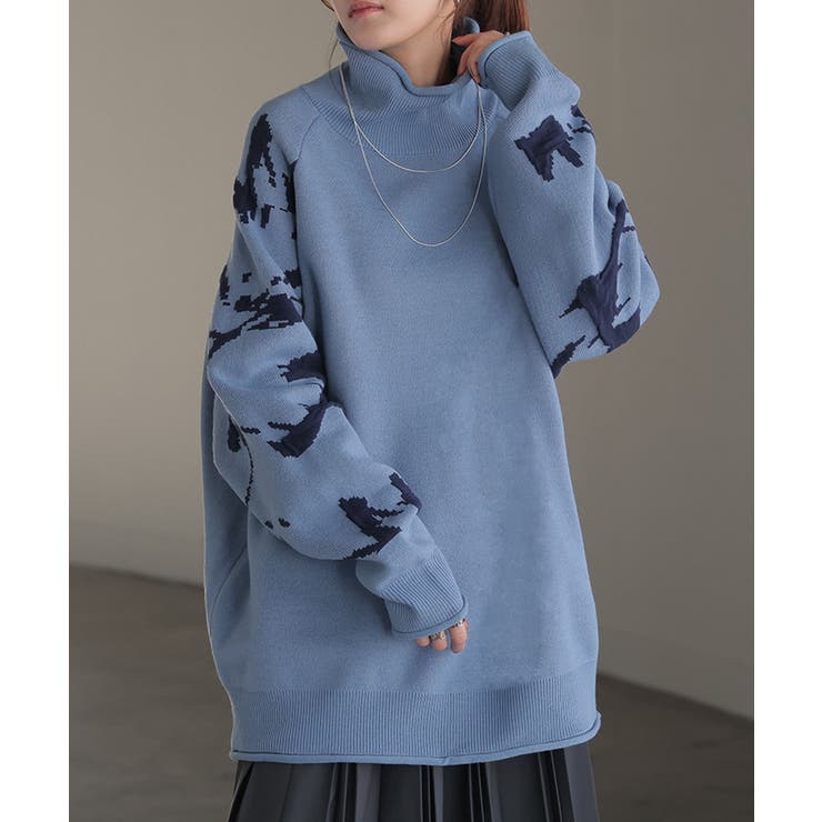 アイスブルー×ネイビー | ニット ジャガード 花柄 | HUG.U