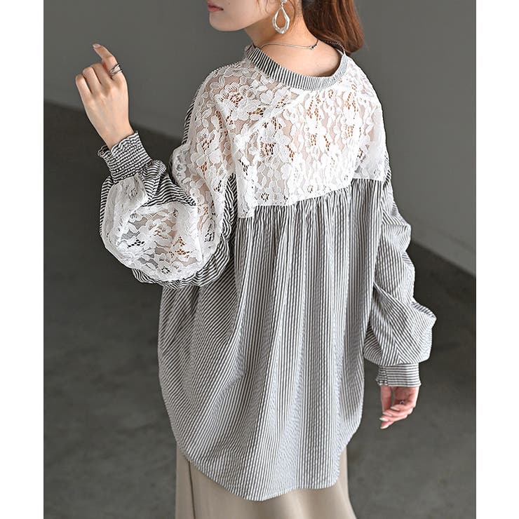 グレーストライプ | シャツ レディース ノーカラー | HUG.U