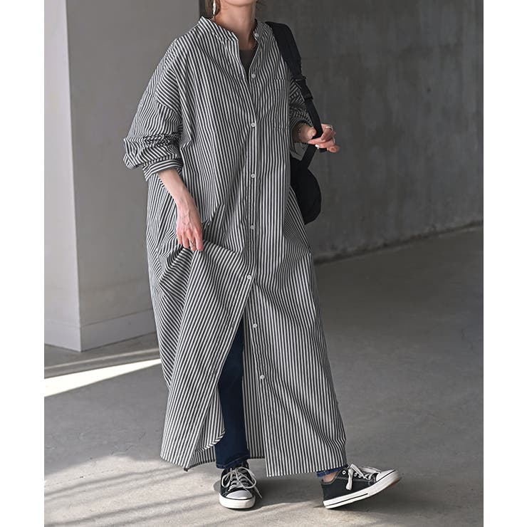 大人女子 長袖 ストライプ フラワー コンビ シャツワンピース e2954_750_r.jpg