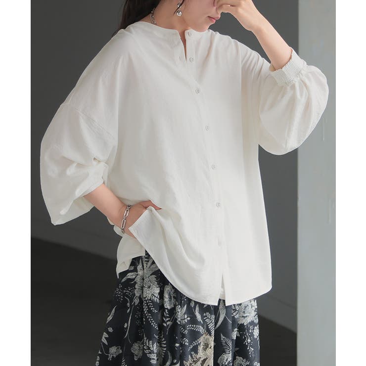 ホワイト | ブラウス ぽわん袖 ノーカラー | HUG.U