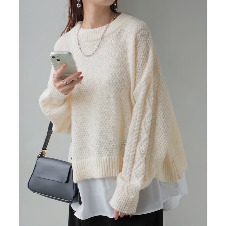 バニラアイボリー | ニット シャツ ドッキング | HUG.U