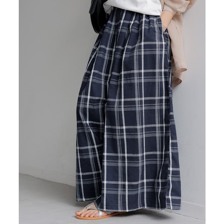ネイビーチェック | パンツ チェック ワイドパンツ | HUG.U