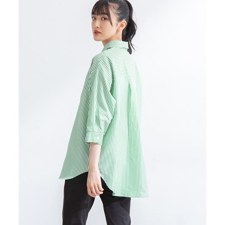 SHISHIKUIストライプ柄 BLT / GREEN トップス トップス シャツ 7分袖[品番：HNSW0005798]｜Honeys（ハニーズ）の