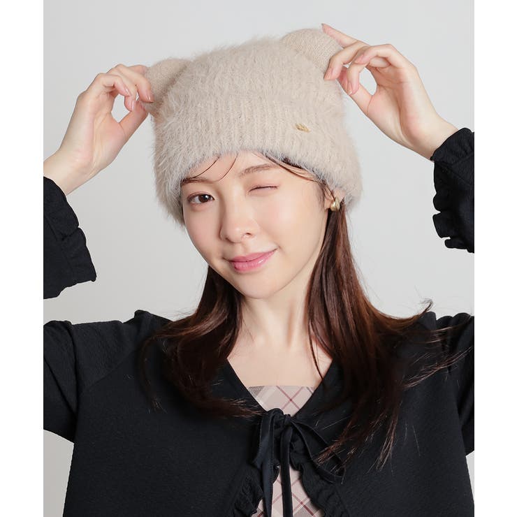 ベージュ／クマ | 帽子 ニット帽 ネコ耳 | Honeys