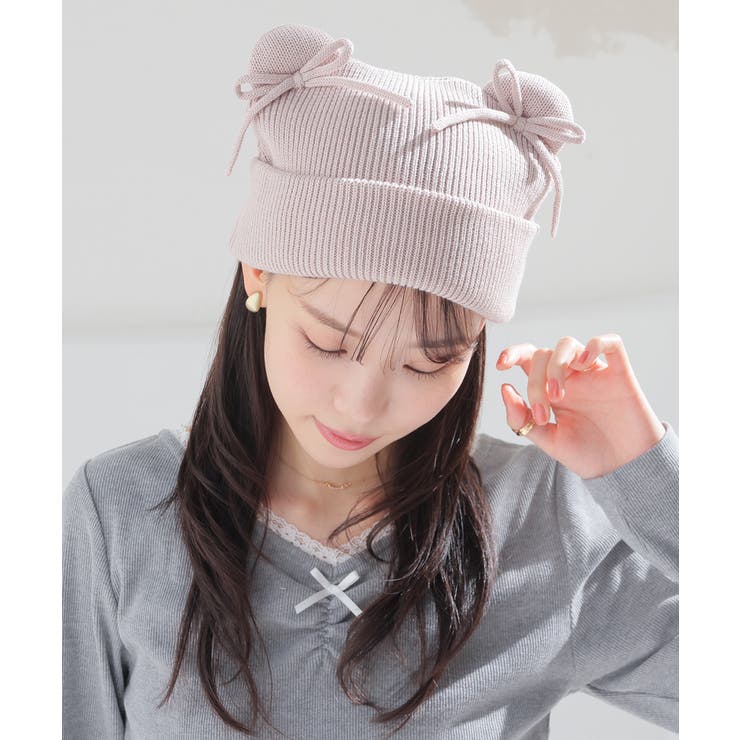 ピンク／クマ | 帽子 ニット帽 リボン付き | Honeys