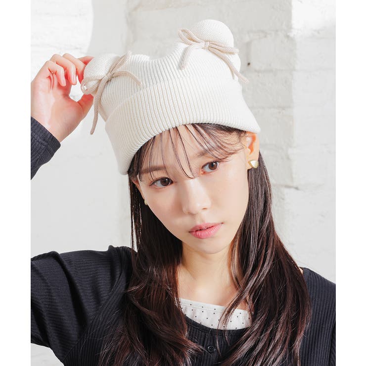 アイボリー／クマ | 帽子 ニット帽 リボン付き | Honeys