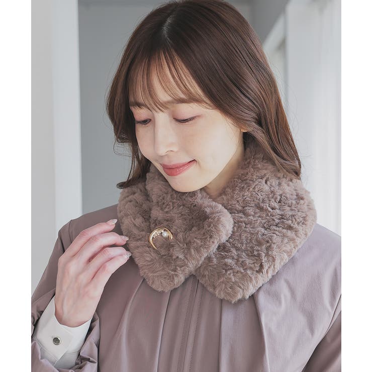 ブラウン | ティペット ブローチ付き フェイクファー | Honeys