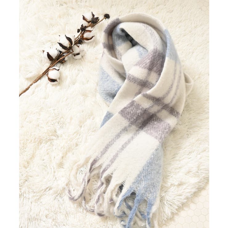 ブルーチェック | マフラー 太フリンジ チェック柄 | Honeys