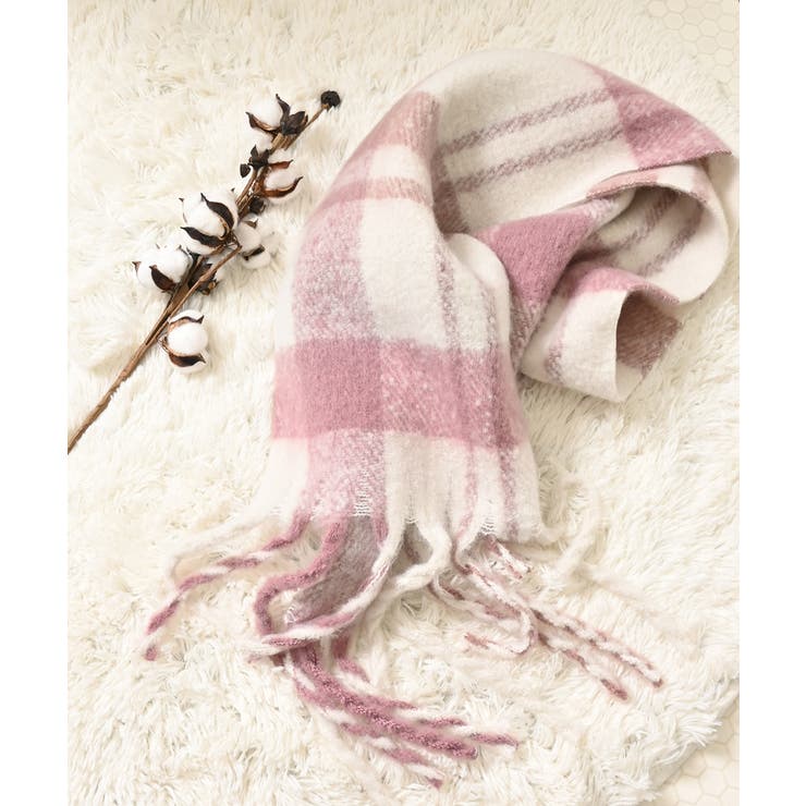 ピンクチェック | マフラー 太フリンジ チェック柄 | Honeys