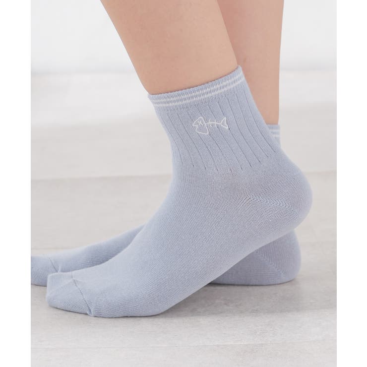 サックス／さかな | 靴下 ショート丈 綿混 | Honeys