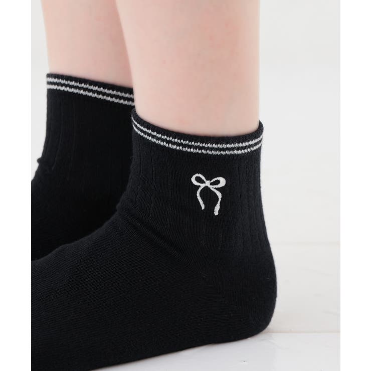 クロ／リボン | 靴下 ソックス ライン入り | Honeys