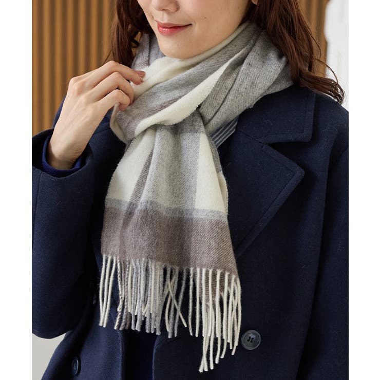 グレー×アイボリー | マフラー ウール チェック柄 | Honeys