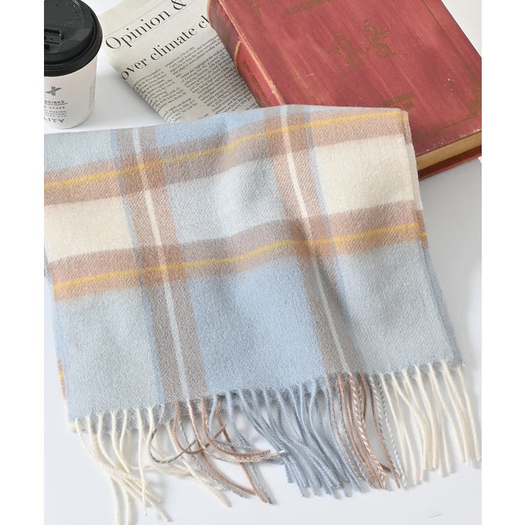 サックス×オフ | マフラー ウール チェック柄 | Honeys