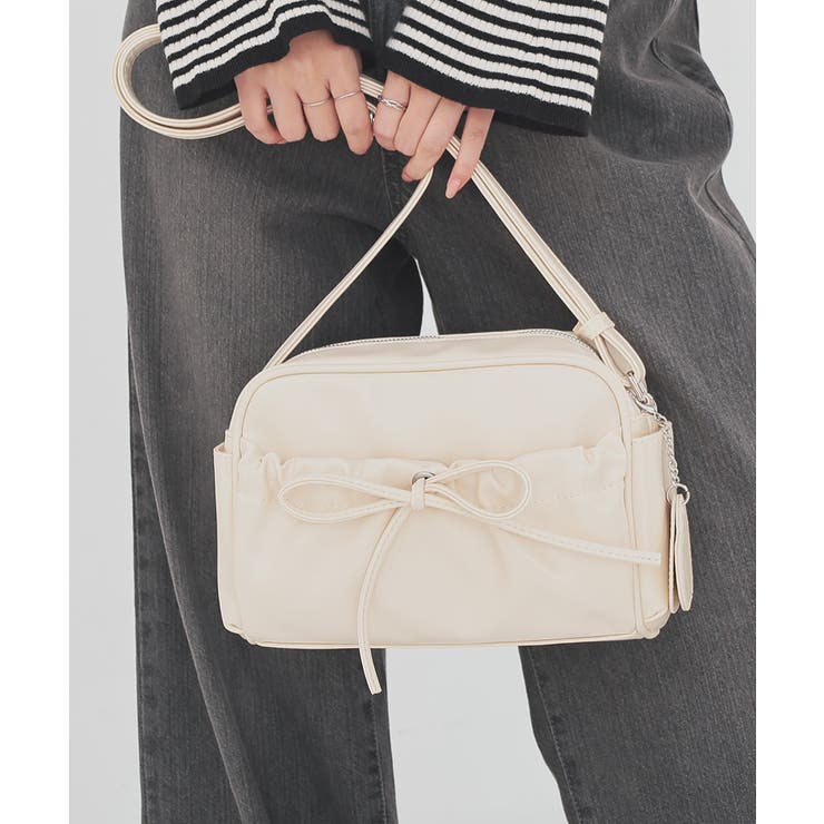 アイボリー | ショルダーバッグ ハートミラー付き リボン | Honeys