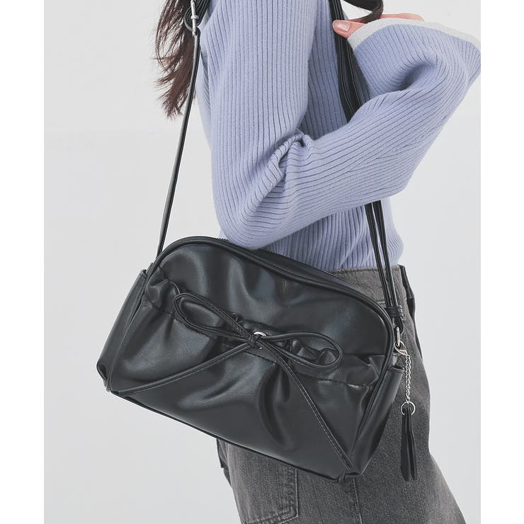 ブラック | ショルダーバッグ ハートミラー付き リボン | Honeys