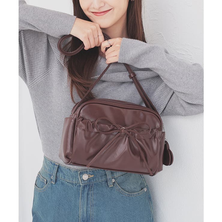 ブラウン | ショルダーバッグ ハートミラー付き リボン | Honeys