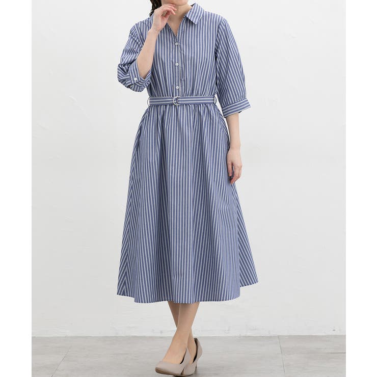 ブルー×オフ | ワンピース シャツワンピース ロング丈 | Honeys
