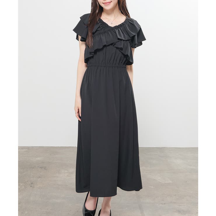 ブラック | ワンピース 半袖 ロング丈 | Honeys