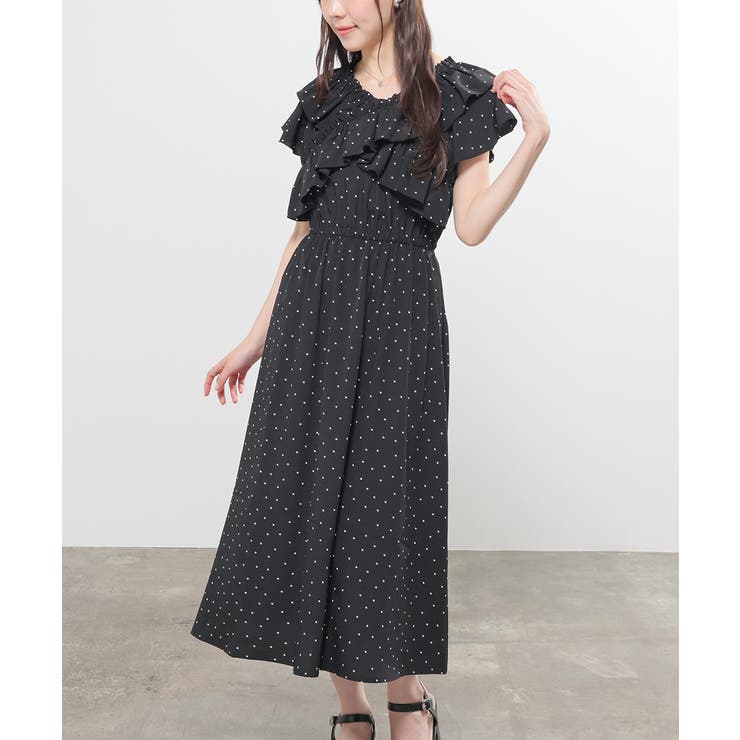 クロ水玉 | ワンピース 半袖 ロング丈 | Honeys