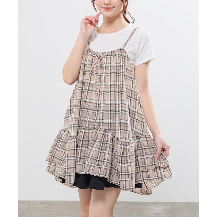 ベージュチェック | ワンピース キャミワンピース ミニ丈 | Honeys