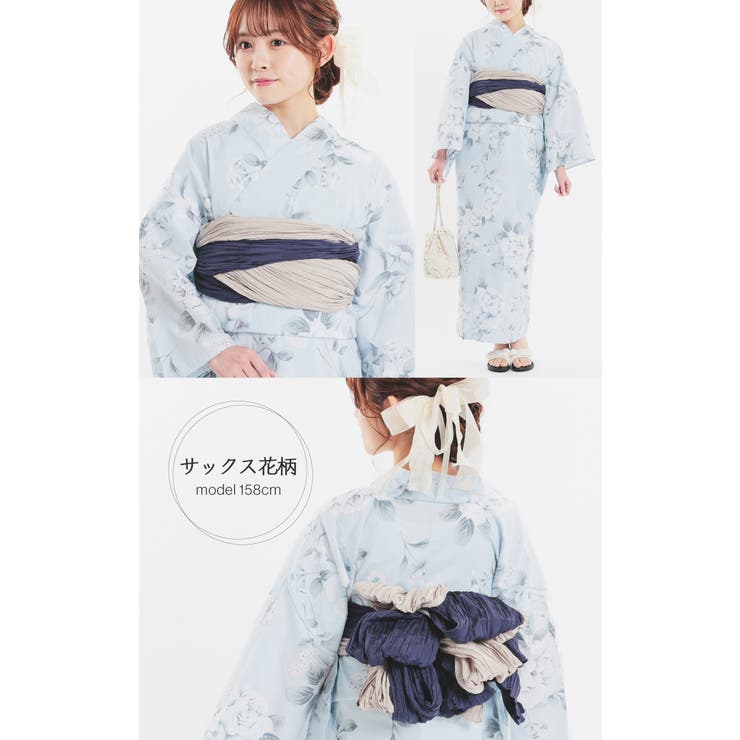 浴衣　ゆかた Mサイズ　ユカタ 綿100%　白✖️ネイビー 花 浴衣単品販売 M 浴衣 セット レディース 大人 兵児帯 夏 2点セット 浴衣セット