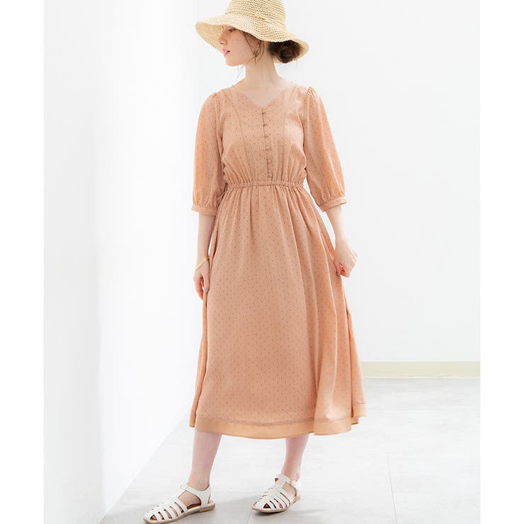 コーラルピンク | 【ハニーズ】ワンピース 6分袖 ミモレ丈 | Honeys