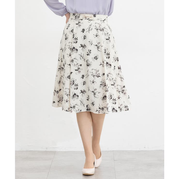 アイボリー花柄 | ボトムス スカート ひざ丈 | Honeys