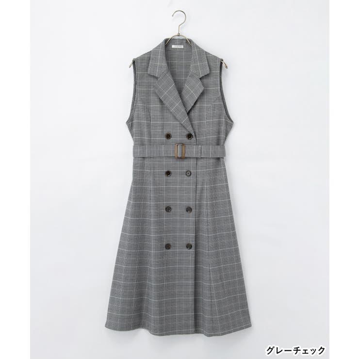 グレー系チェック ノースリーブロングワンピース ワンピース ノースリーブ ロング丈[品番：HNSW0011290]｜Honeys