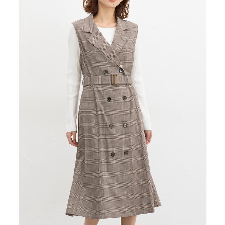 ベージュチェック | ワンピース ノースリーブ ロング丈 | Honeys