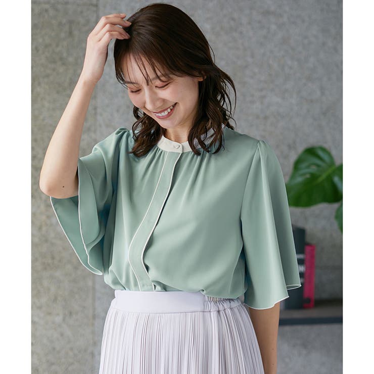 HEVE 2WAYジャケット半袖ブラウス 手洗い可能〉パイピング キーネック 半袖 ブラウス （シャツ・ブラウス