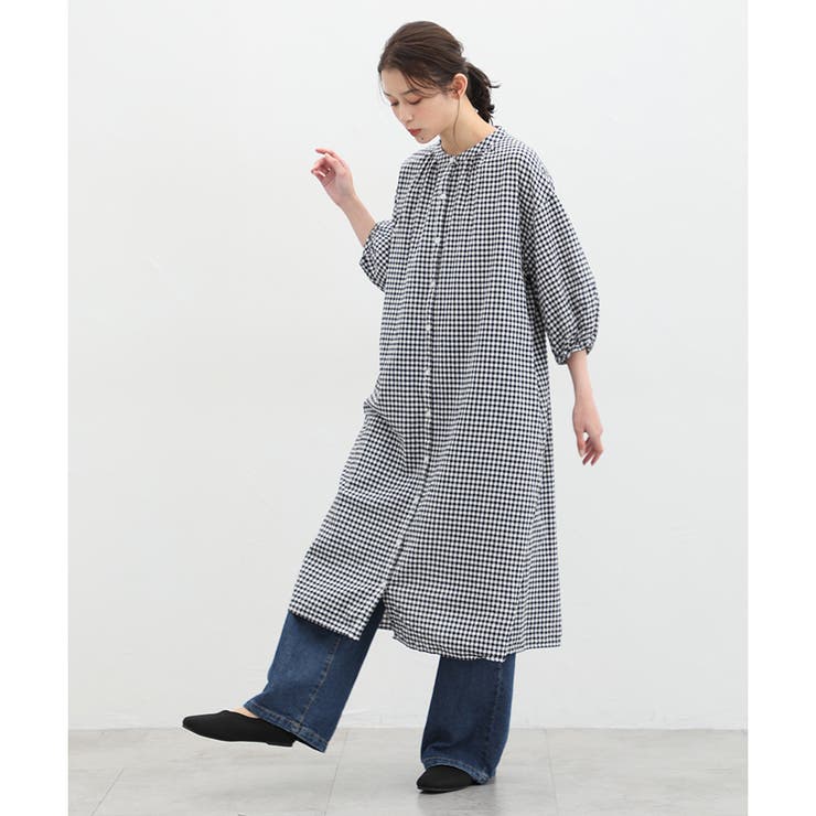 Honeys シャツワンピース 7分袖マオカラーシャツワンピース