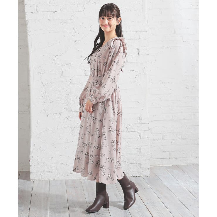 モカ花柄 | ワンピース フリルワンピース 長袖 | Honeys