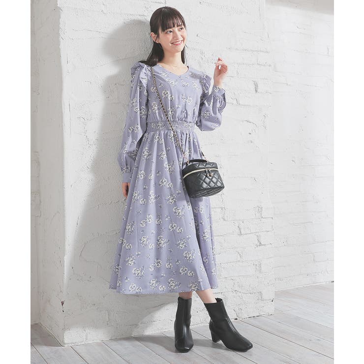 ブルー花柄 | ワンピース フリルワンピース 長袖 | Honeys