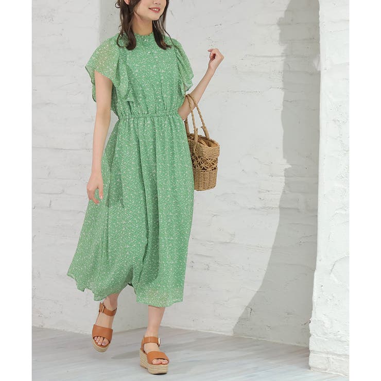 グリーン花柄 | 【ハニーズ】ワンピース ロング丈 フリル袖 | Honeys