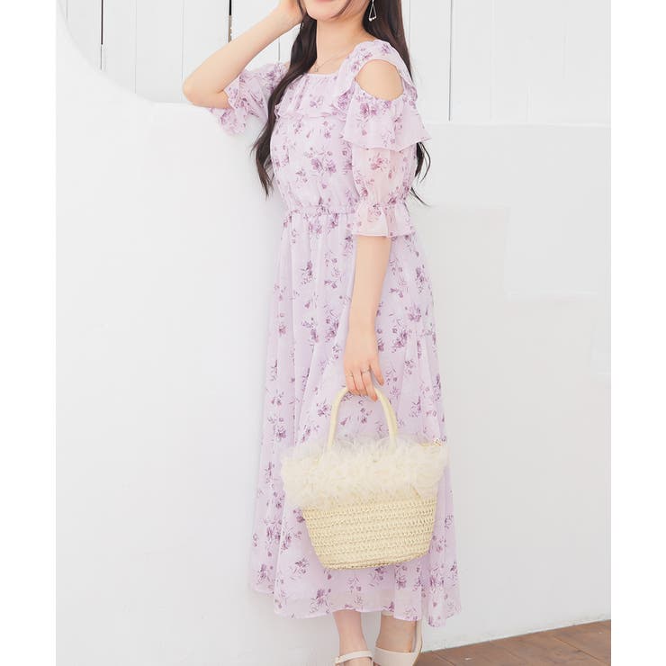 ラベンダー×オフ | ワンピース ノースリーブ ロング丈 | Honeys