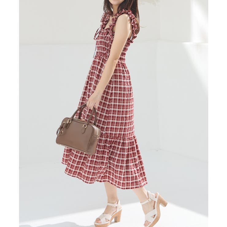 アカチェック | ワンピース ノースリーブ ロング丈 | Honeys