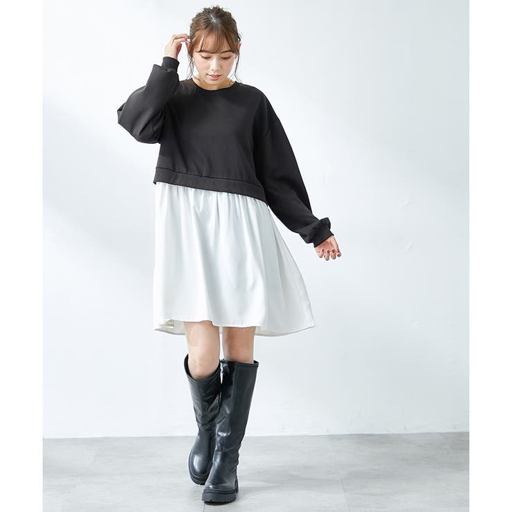 新品【レリアン】ドッキング レイヤード風 チュニック丈 トップス 黒 13+ GOLDJAPAN 大きいサイズ レディース チュニック 5分袖 フェイク