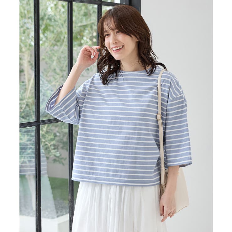 ブルー×オフ | トップス Tシャツ ７分袖Tシャツ | Honeys
