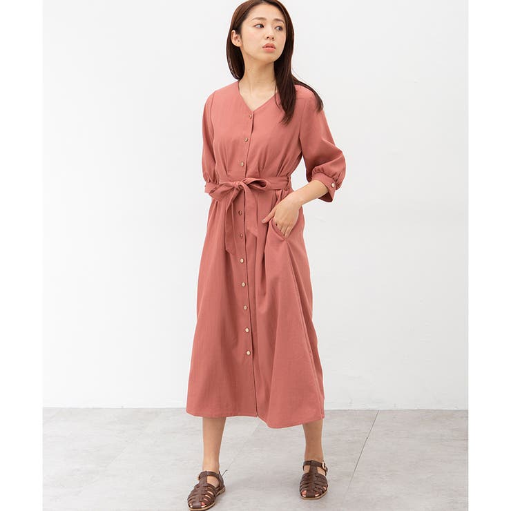 オレンジピンク | 【ハニーズ】ワンピース ロング丈 6分袖 | Honeys