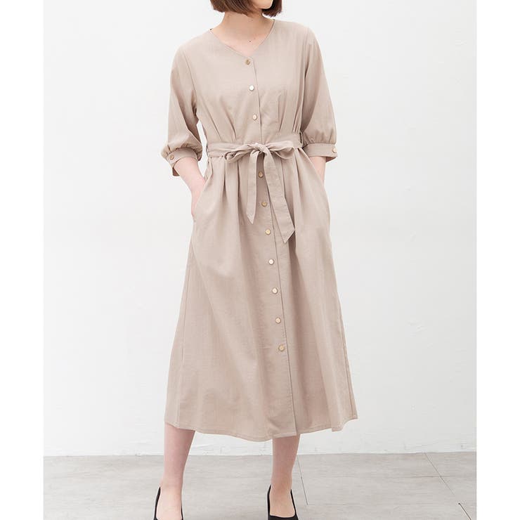 ベージュ | 【ハニーズ】ワンピース ロング丈 6分袖 | Honeys