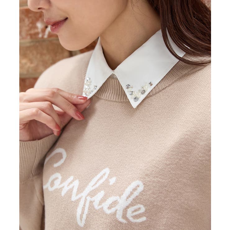 ホワイト | 付け衿 パールビジュー レギュラーカラー | Honeys