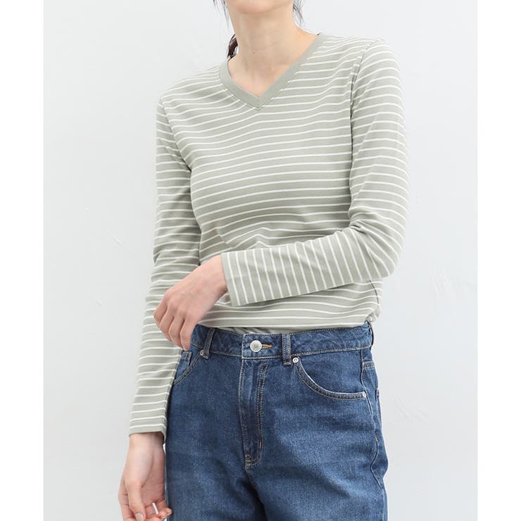グリーン×オフ | トップス 長袖 Vネック | Honeys