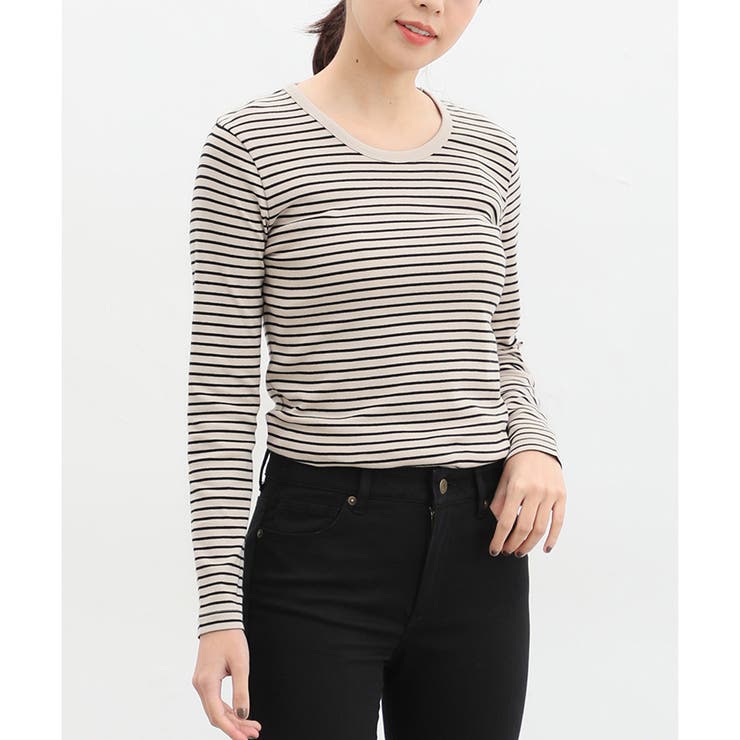 ベージュ×クロ | トップス 長袖 丸首 | Honeys