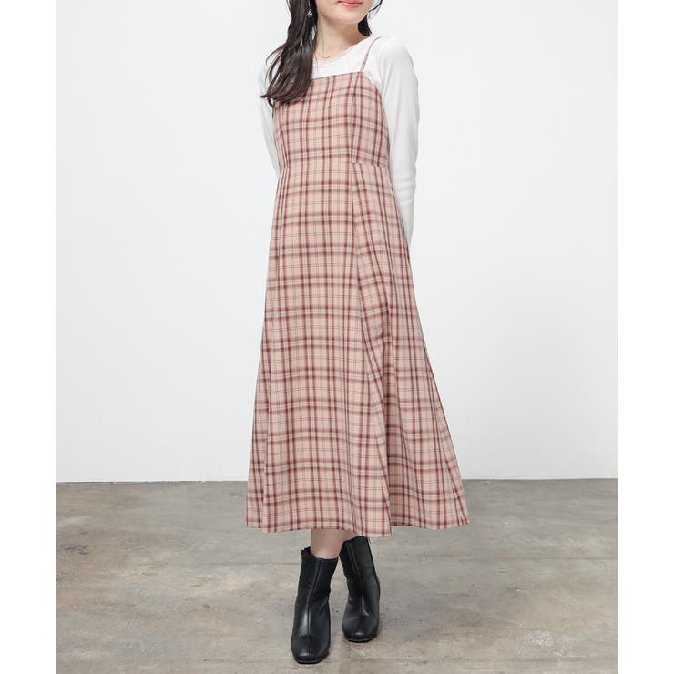 ベージュチェック | ワンピース ノースリーブ ロング丈 | Honeys