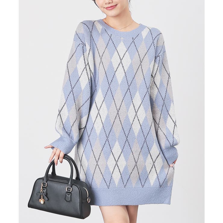 ブルー×オフ | ワンピース 長袖 ミニ丈 | Honeys