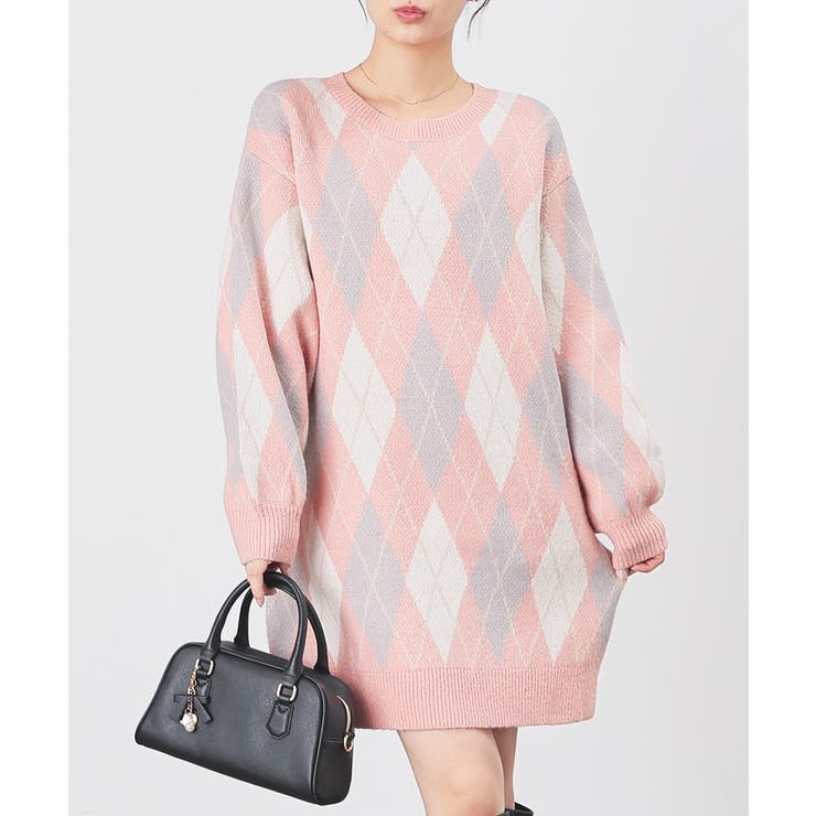 ピンク×オフ | ワンピース 長袖 ミニ丈 | Honeys