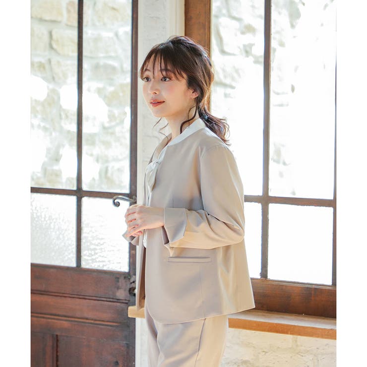 【夏用】エスプリミュール　ノーカラー・スカートセットアップ　七分袖　薄手　紺Ｌ